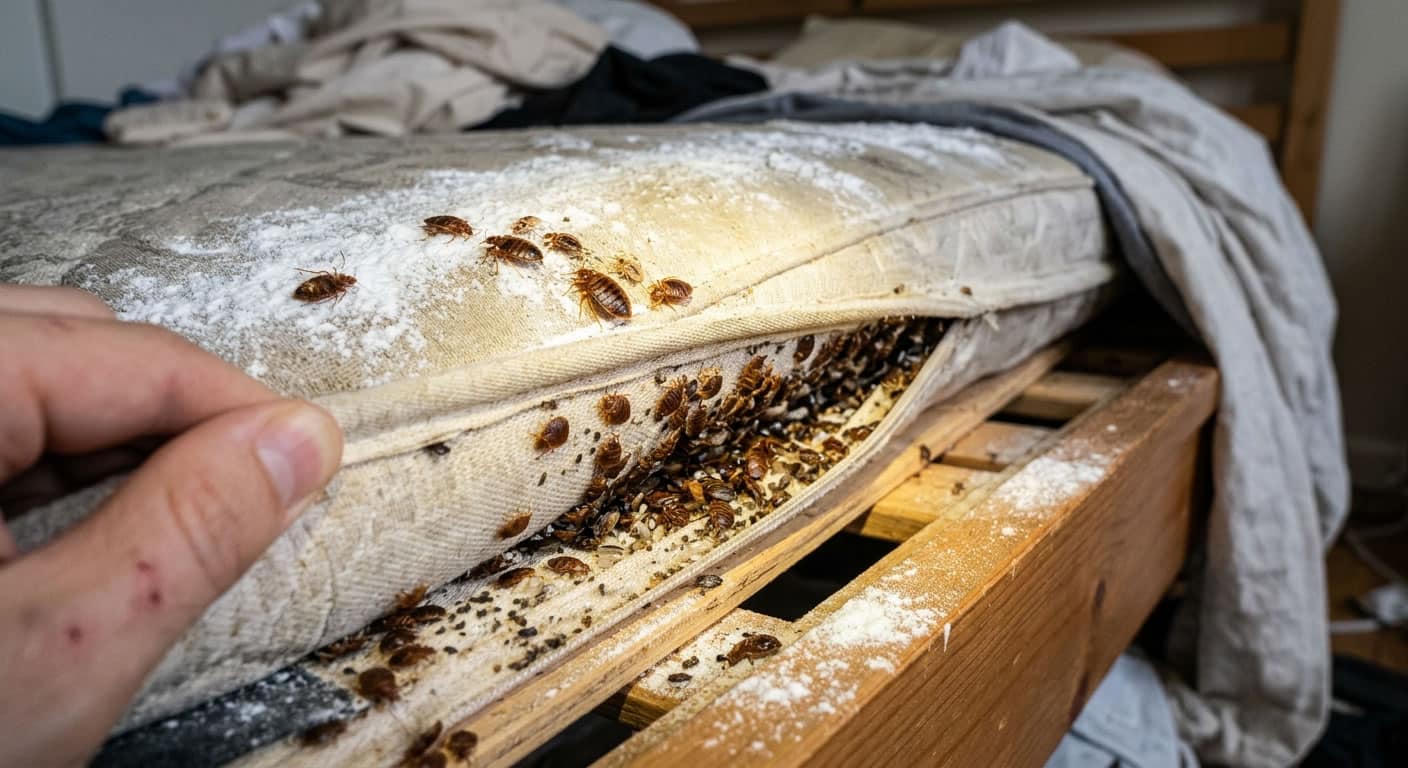 Bicarbonato cosparso sul materasso con cimici ancora vive nelle cuciture