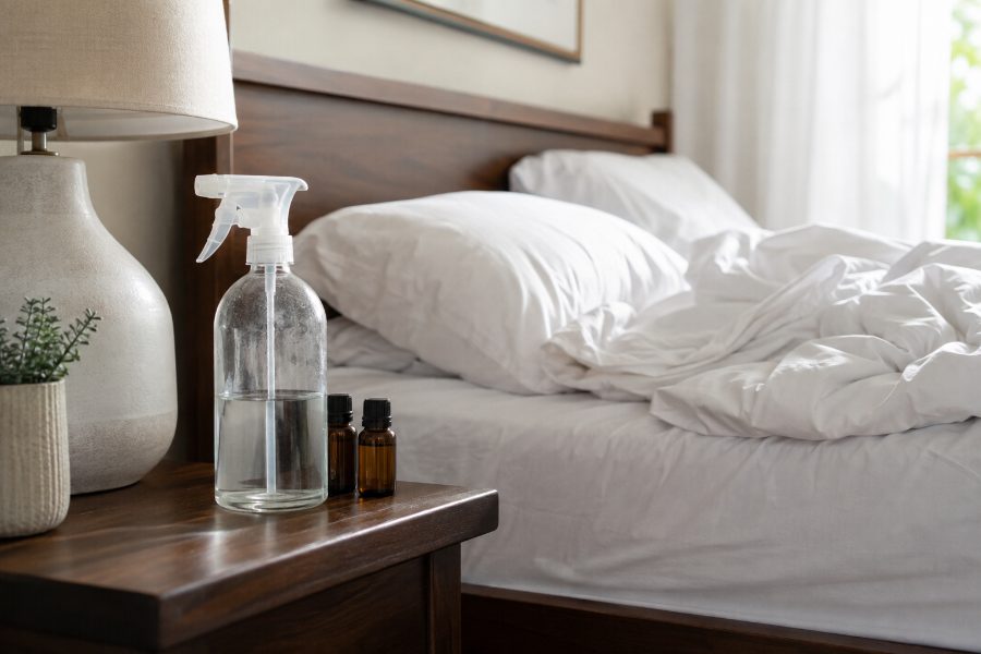 Aceto e oli essenziali sul comodino accanto al letto