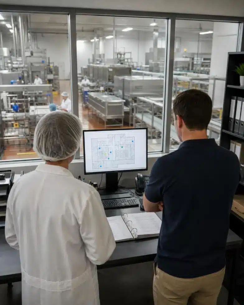 Responsabile qualità e tecnico valutano il piano di controllo dei roditori durante un audit HACCP