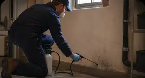 Tecnico disinfestatore con dispositivi di protezione sanifica un ambiente dopo la derattizzazione