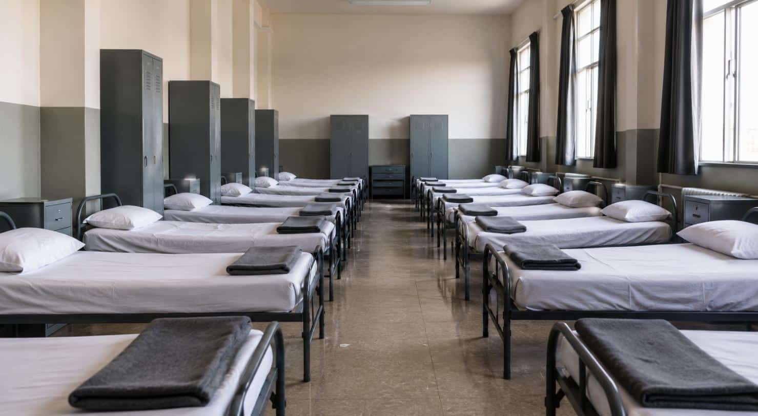 Camerata di caserma con brande metalliche in fila e armadietti: ambiente collettivo ad alto rischio cimici
