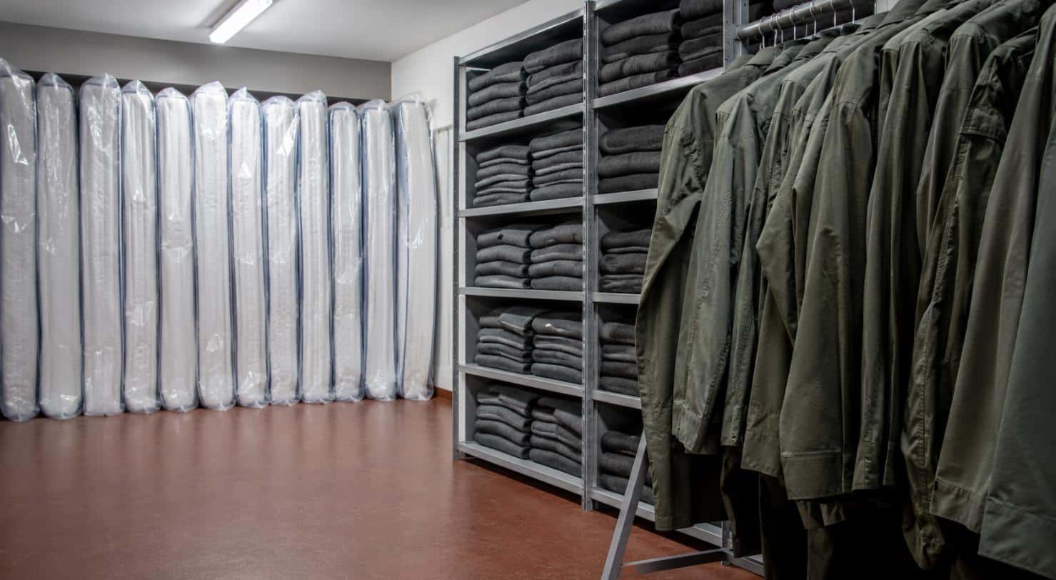 Magazzino con materassi imbustati, coperte e divise: tessili di scorta da ispezionare