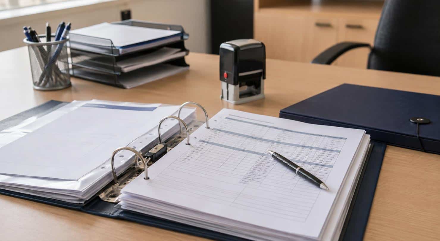 Registro degli interventi di disinfestazione con documenti e timbro su una scrivania