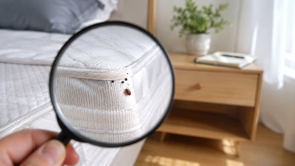 Ispezione del materasso con lente per cercare le cimici dei letti