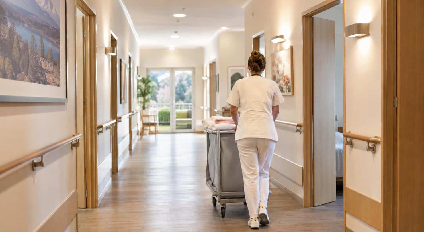 Corridoio di reparto di una RSA con le porte delle camere, segnalazioni da più stanze vicine