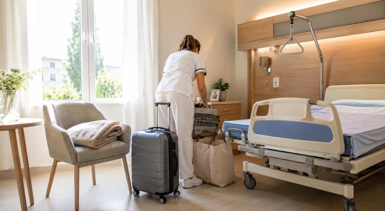 Valigia ed effetti personali di un nuovo ospite accanto al letto sanitario in una camera di RSA