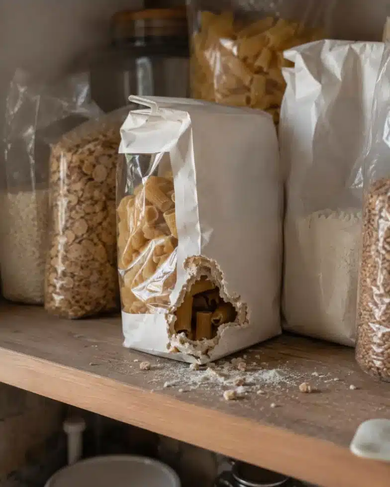 Confezione di pasta rosicchiata in una dispensa domestica con sfarinato sul ripiano