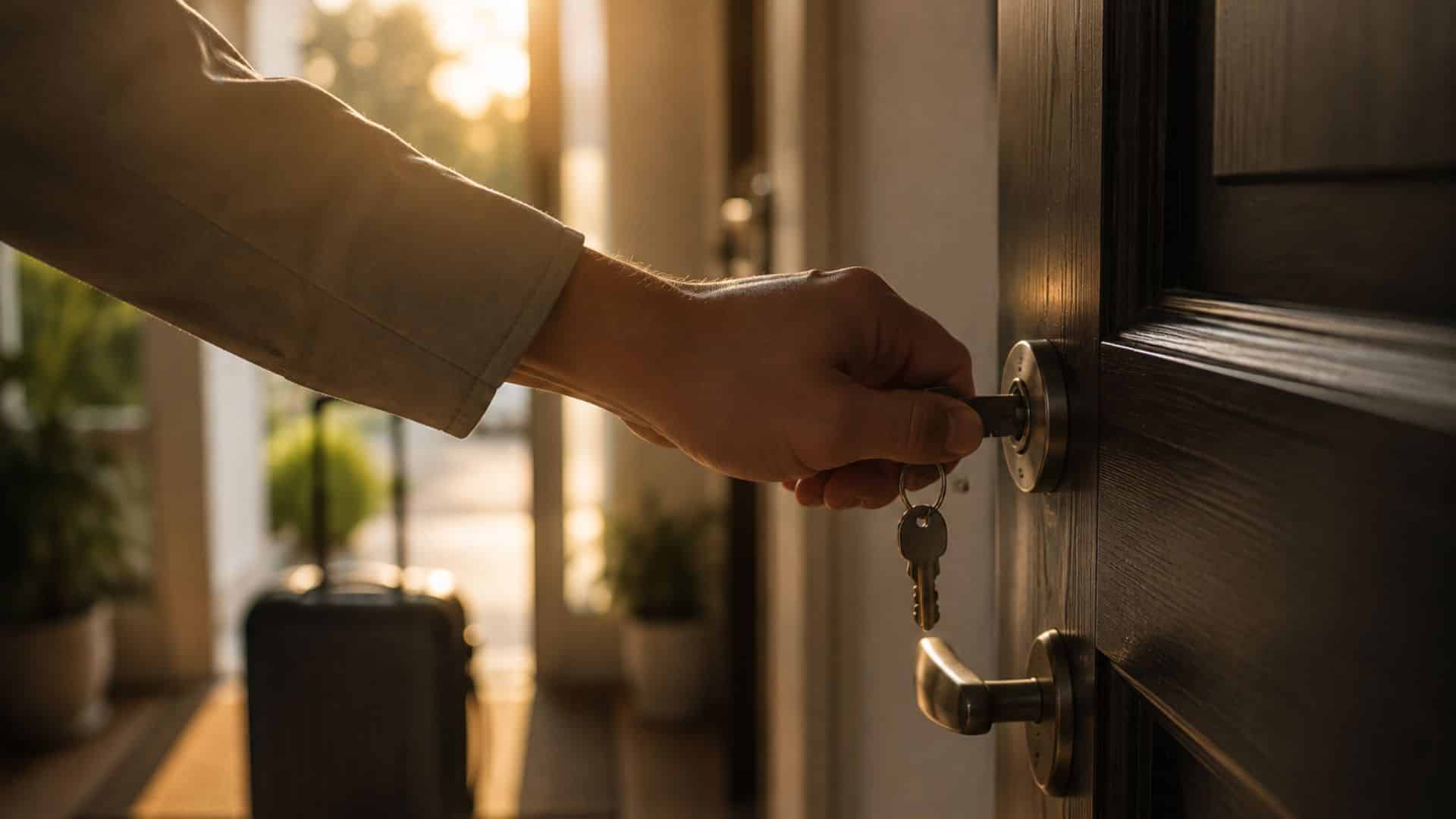 Persona che chiude la porta di casa prima di partire per le vacanze