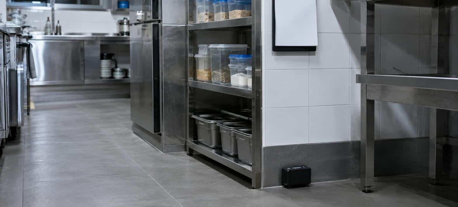 Cucina professionale di ristorante con stazione di monitoraggio per roditori lungo il battiscopa