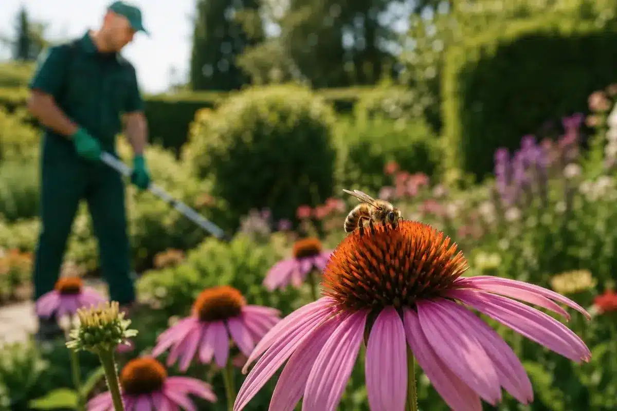Ape su un fiore in un giardino mentre un tecnico Ekonore esegue sullo sfondo un trattamento di disinfestazione naturale senza pesticidi