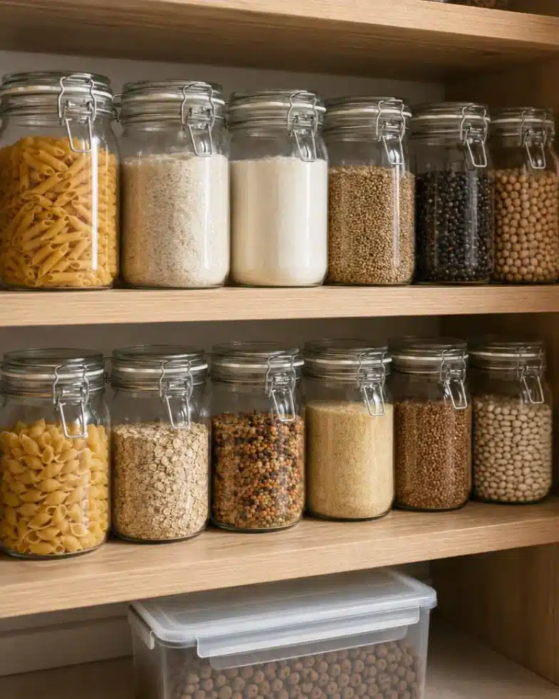 Mensola di dispensa con barattoli ermetici in vetro contenenti pasta riso farina e legumi