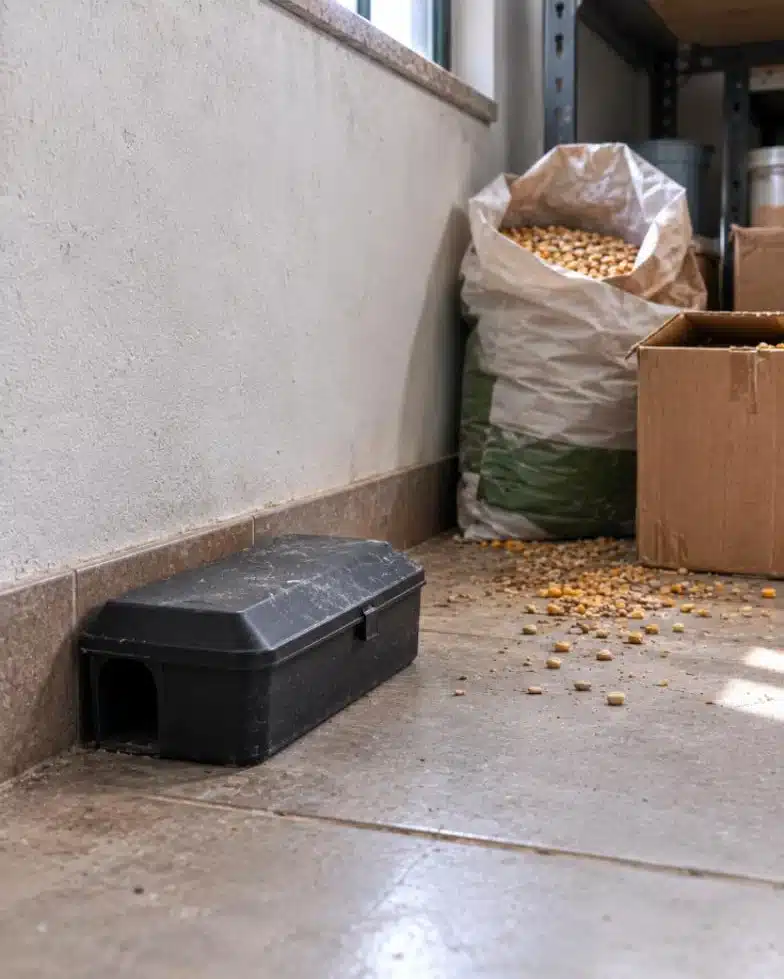 Postazione porta esca chiusa e impolverata accanto a un sacco di cereali aperto sul pavimento