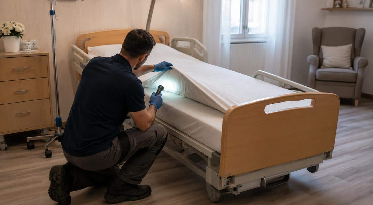 Tecnico ispeziona con torcia il materasso di un letto sanitario in una camera di RSA