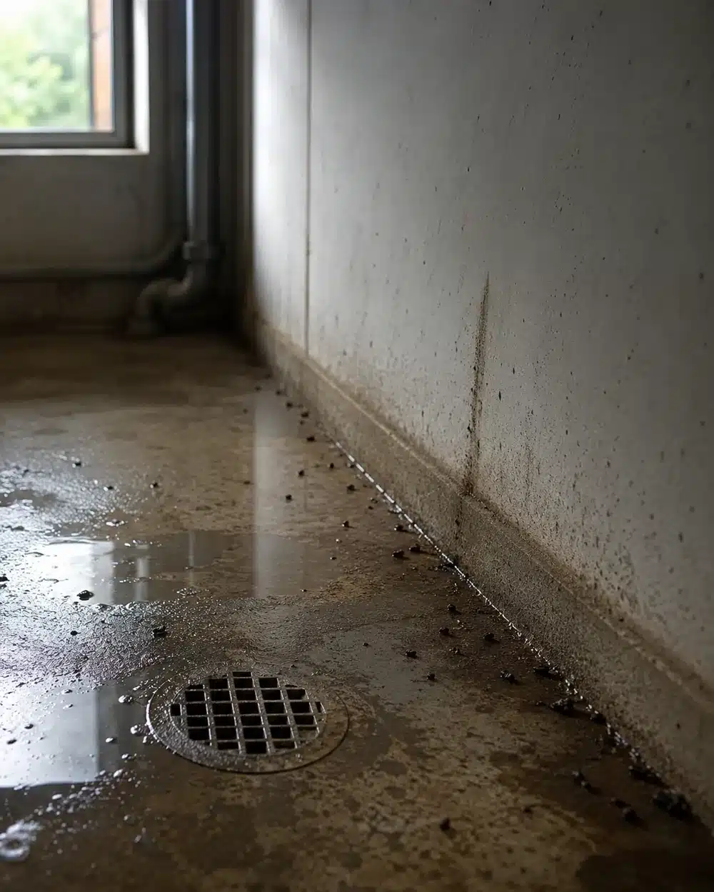 Scantinato con acqua stagnante e tracce di passaggio di topi lungo il muro, rischio di contagio da Leptospirosi