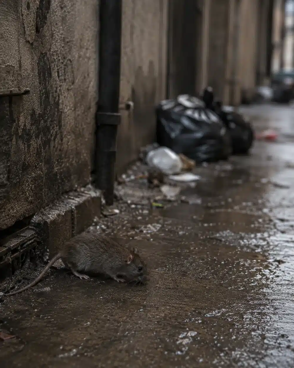 Ratto in un vicolo urbano di notte vicino a sacchi della spazzatura, rischio sanitario da infestazione di topi in citta