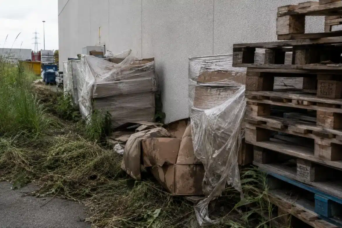 Materiale accatastato contro il muro esterno da rimuovere
