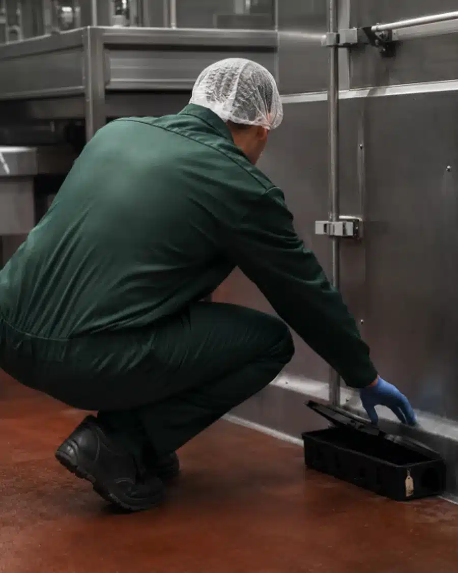 Tecnico Ekonore controlla un dispositivo di multicattura numerato in un reparto di produzione alimentare: il metodo senza veleni