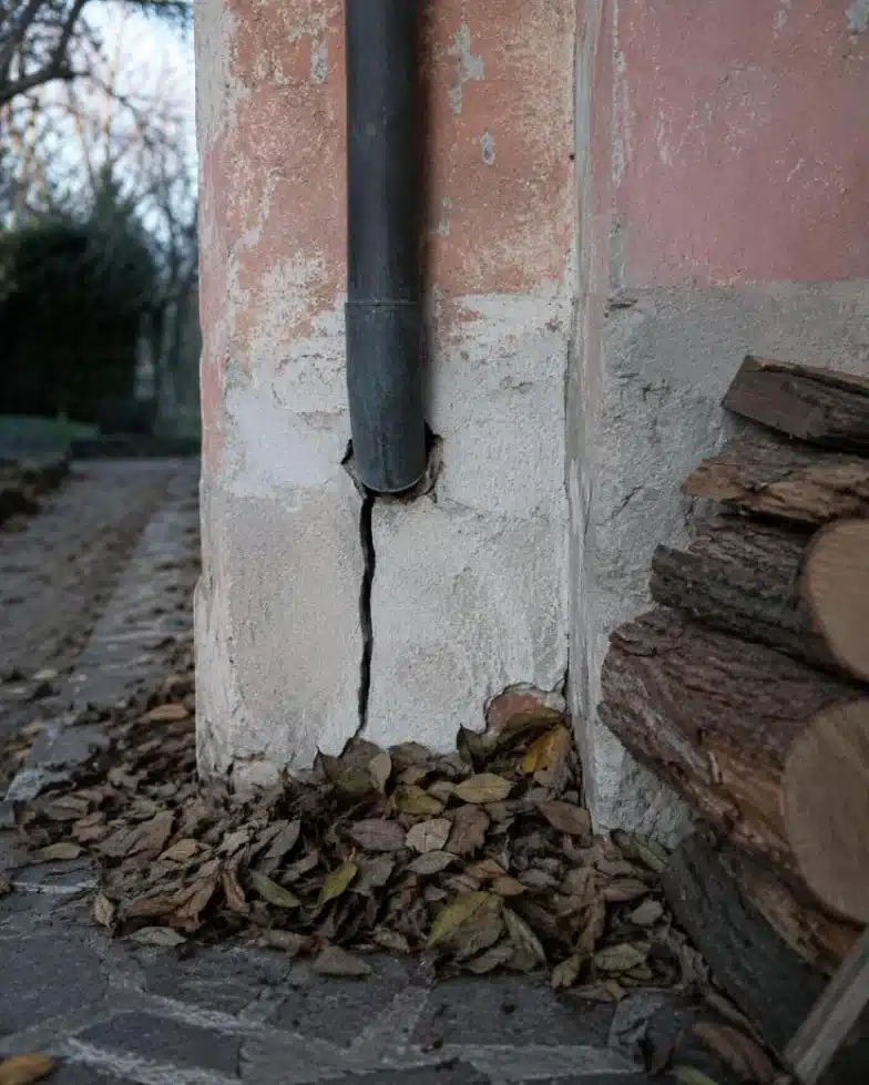 Fessura nel muro esterno di una casa dove entra un tubo con foglie secche e legna accatastata