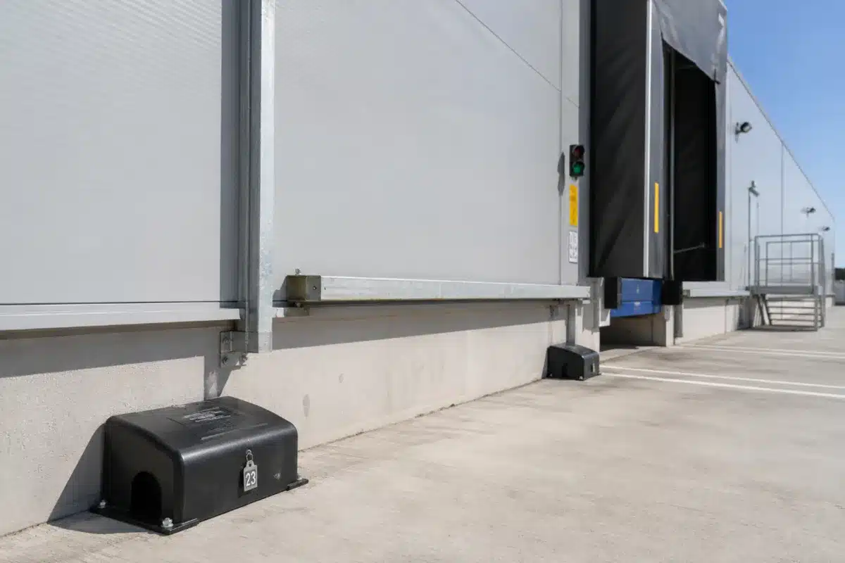 Postazioni di sicurezza numerate e ancorate lungo il perimetro esterno di uno stabilimento alimentare, accanto alla baia di carico