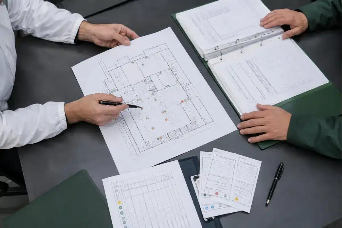 Responsabile qualità e tecnico Ekonore esaminano planimetria, registro interventi e schede del fascicolo pest control per un audit
