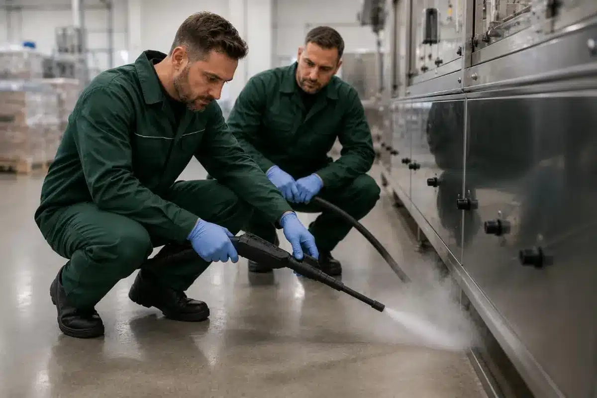 Due tecnici Ekonore eseguono un trattamento fisico senza pesticidi alla base di un macchinario in un reparto di produzione alimentare