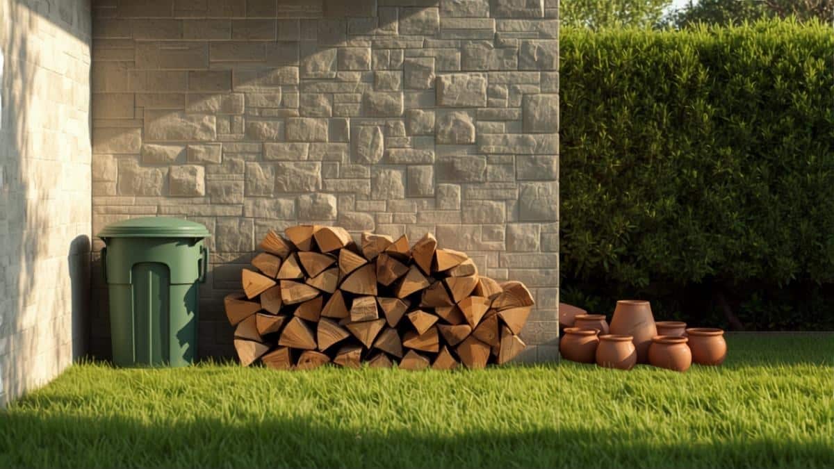 Prevenzione topi in giardino: catasta di legna e compostiera lungo il muro
