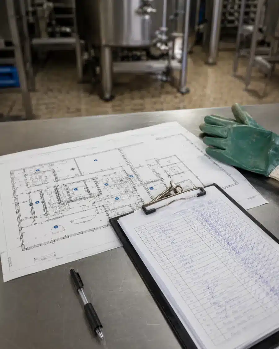Planimetria con punti di controllo numerati e registro di monitoraggio su un tavolo in uno stabilimento alimentare