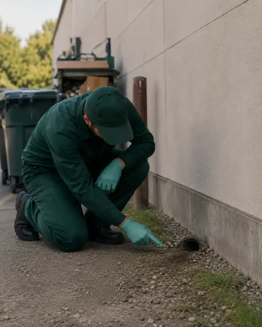 Apertura di una tana di ratto nel terreno alla base di un muro perimetrale
