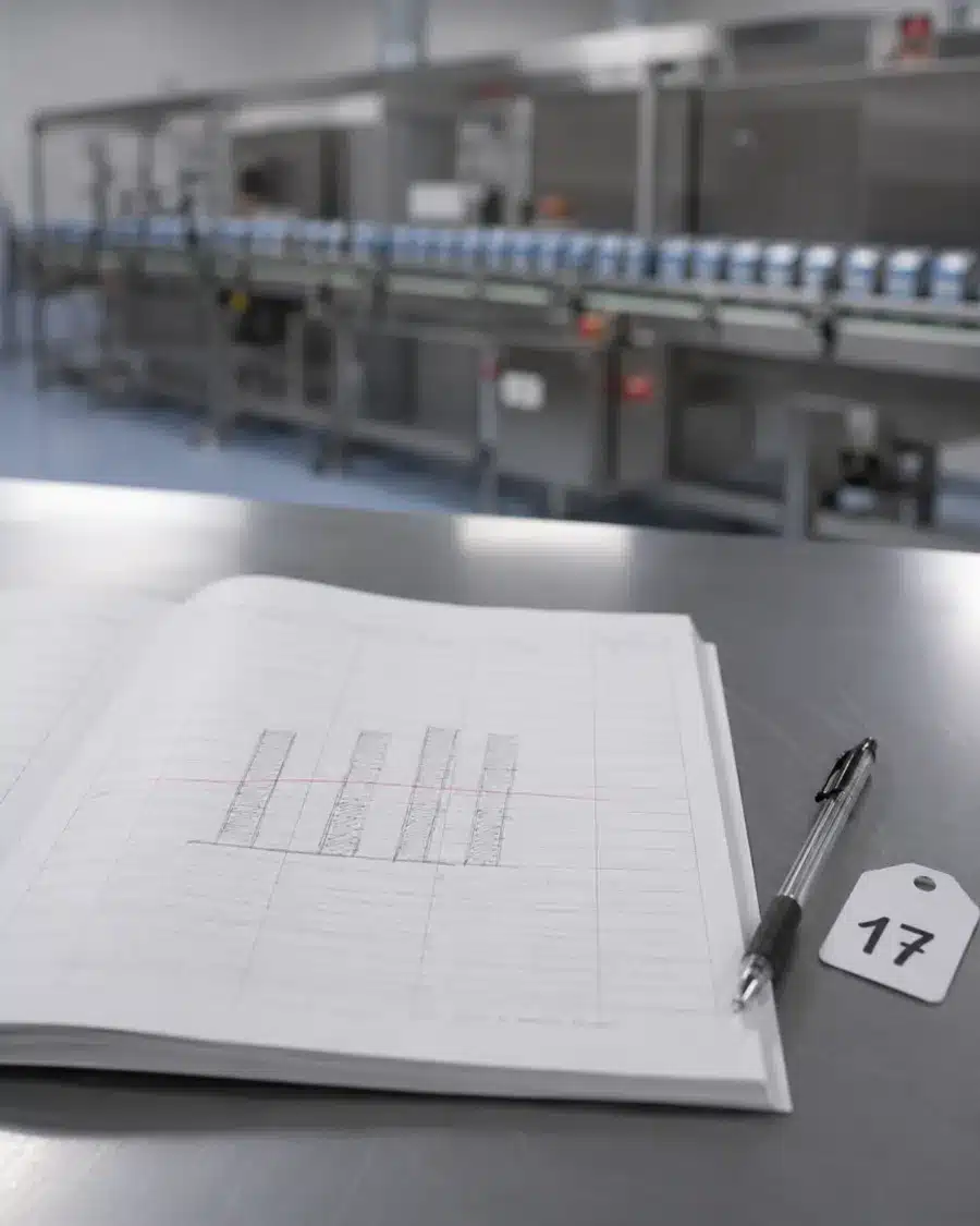 Registro di monitoraggio roditori con grafico e soglia di intervento evidenziata, su tavolo inox in stabilimento alimentare