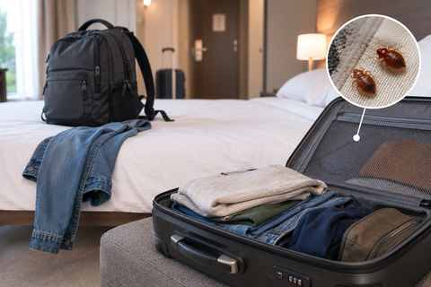 Valigia e zaino in una camera d’hotel con cimici dei letti nel bagaglio: reinfestazione da viaggi