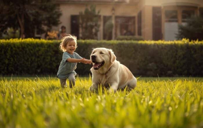 Bambino e cane giocano sul prato del giardino: rischi legati ai topi