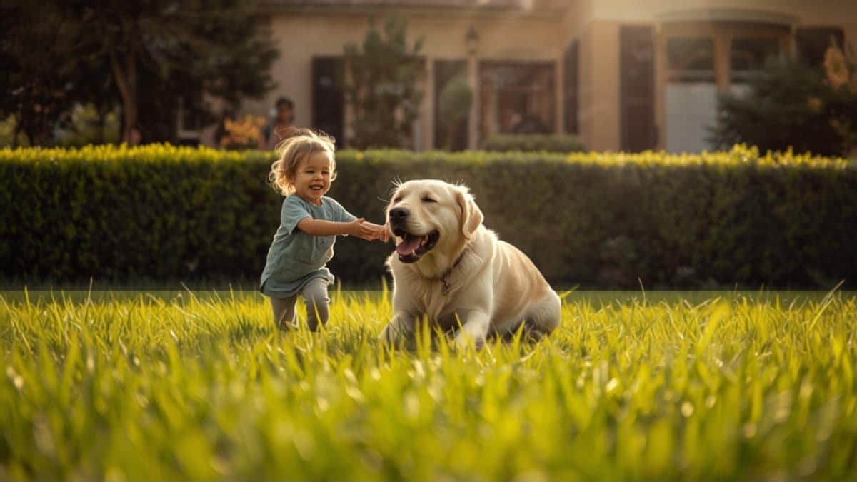 Bambino e cane giocano sul prato del giardino: rischi legati ai topi