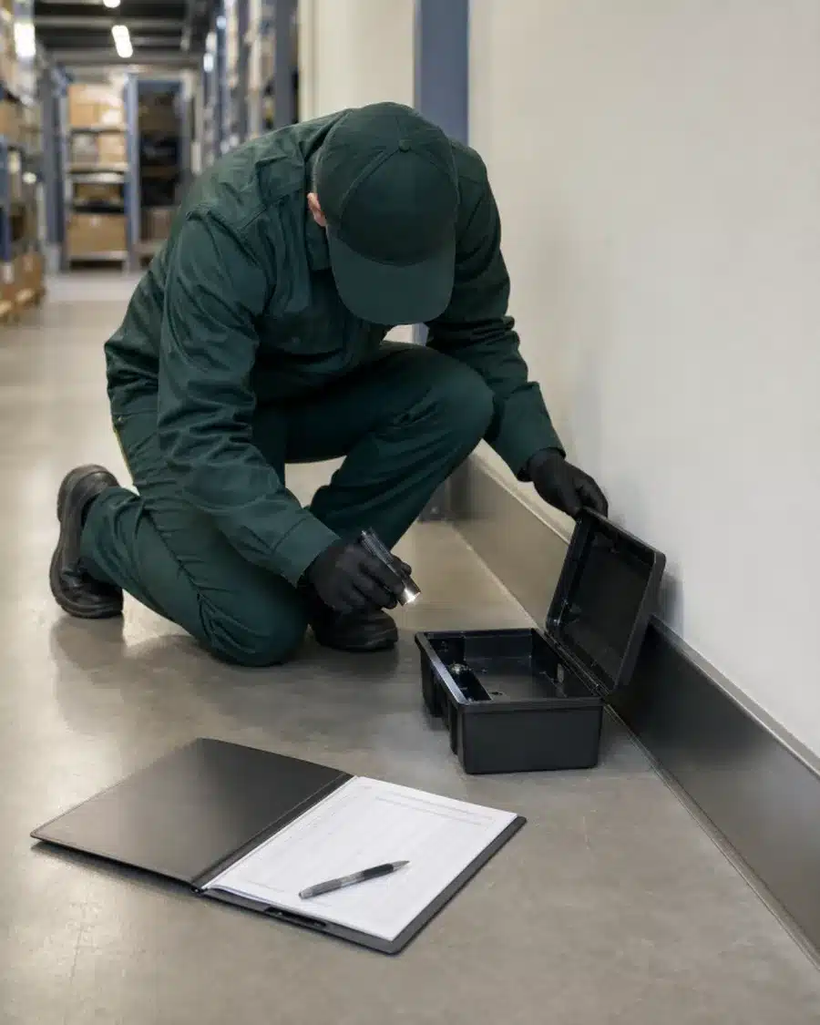 Tecnico apre una postazione del sistema di monitoraggio roditori durante il giro di controllo e annota l’esito sul registro