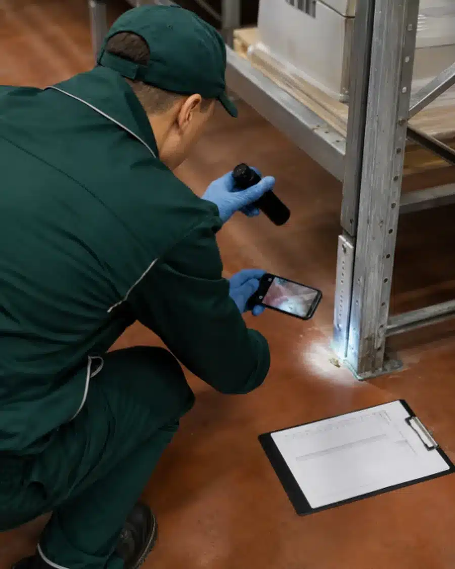 Tecnico Ekonore fotografa un’evidenza della presenza di topi alla base di uno scaffale in magazzino