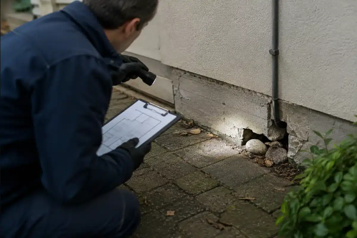 Tecnico durante un sopralluogo ispeziona con torcia e planimetria un punto di accesso dei topi alla base di un edificio