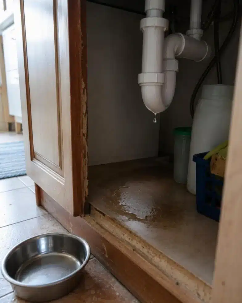 Sifone che gocciola sotto il lavello della cucina, con la ciotola dell’acqua per animali accanto