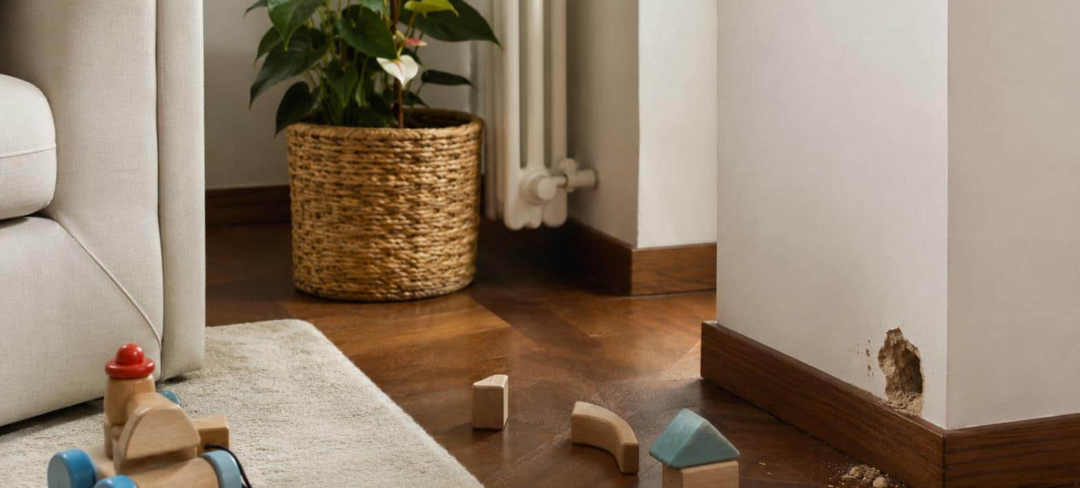 Foro rosicchiato nello zoccolino di un soggiorno con giocattoli di legno di un bambino sul pavimento