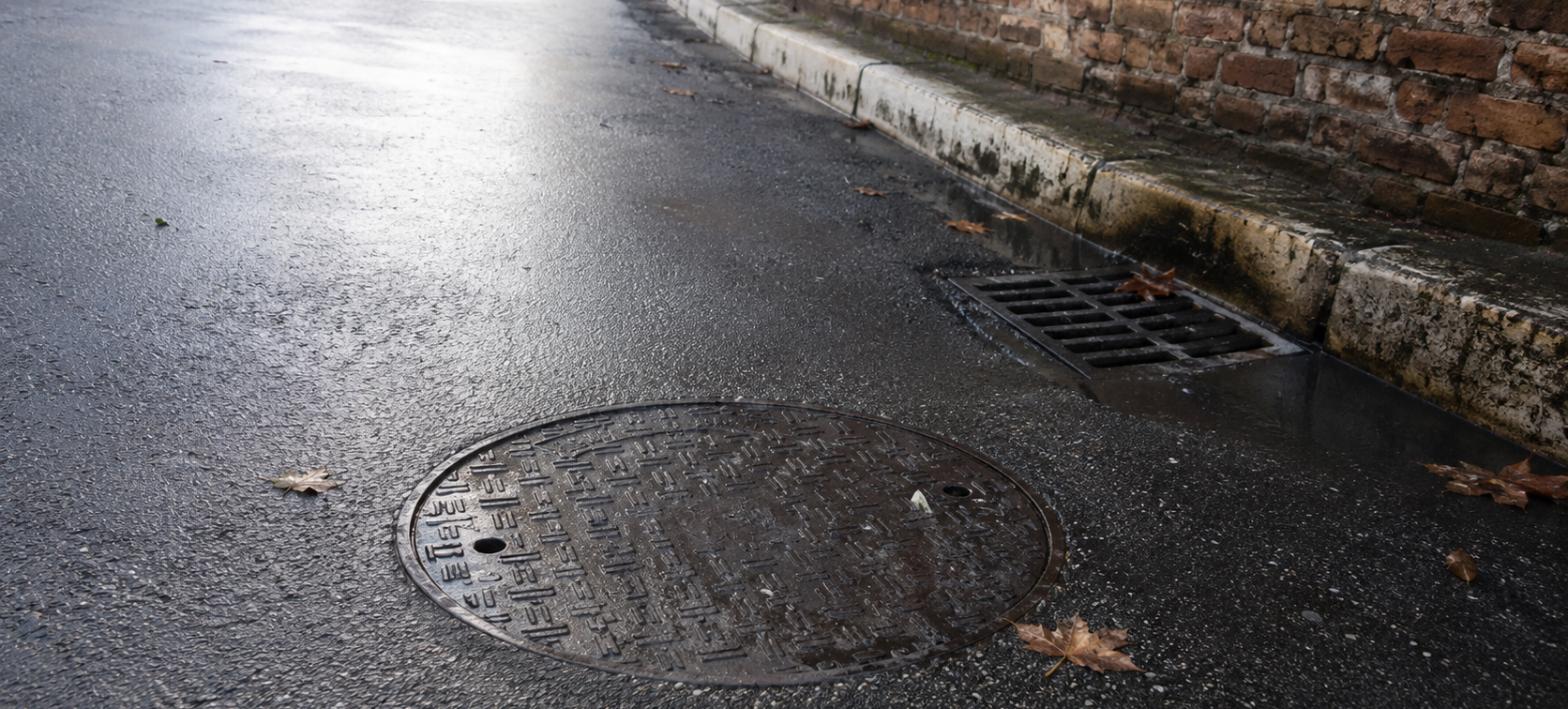 Chiusino della fognatura e griglia di scolo su strada urbana, ambiente tipico dei topi di fogna
