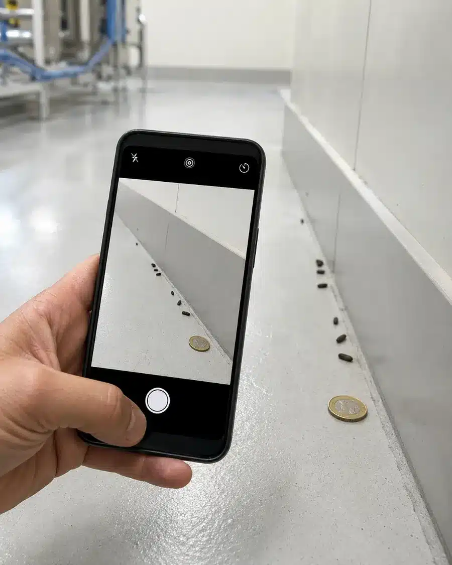 Smartphone che fotografa escrementi lungo il battiscopa con una moneta come scala: la prima evidenza dei topi in azienda da mettere a verbale