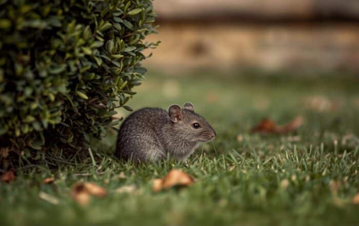 Topo in giardino su prato accanto a una siepe di bosso