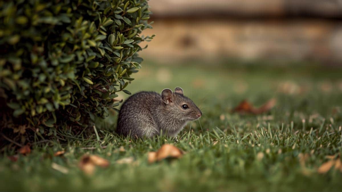 Topo in giardino su prato accanto a una siepe di bosso