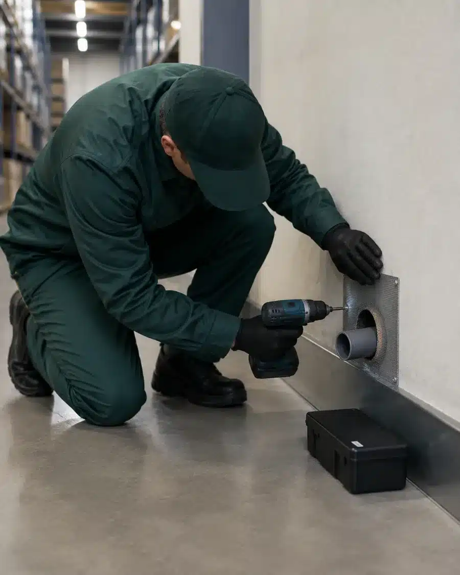 Tecnico fissa la rete metallica anti-rosura sul passaggio del tubo e prepara la postazione numerata: così si interrompe il ciclo dei topi in magazzino