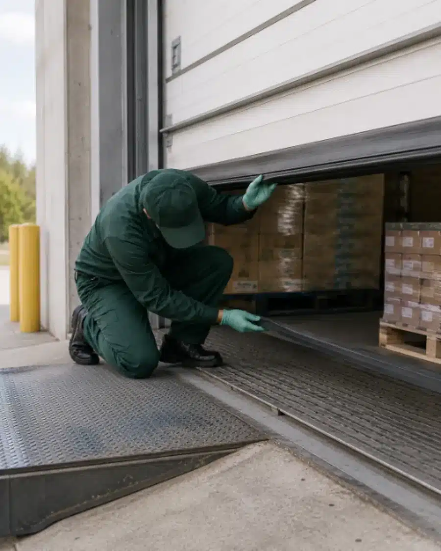 Tecnico Ekonore ispeziona la guarnizione inferiore del portone di una baia di carico di un supermercato