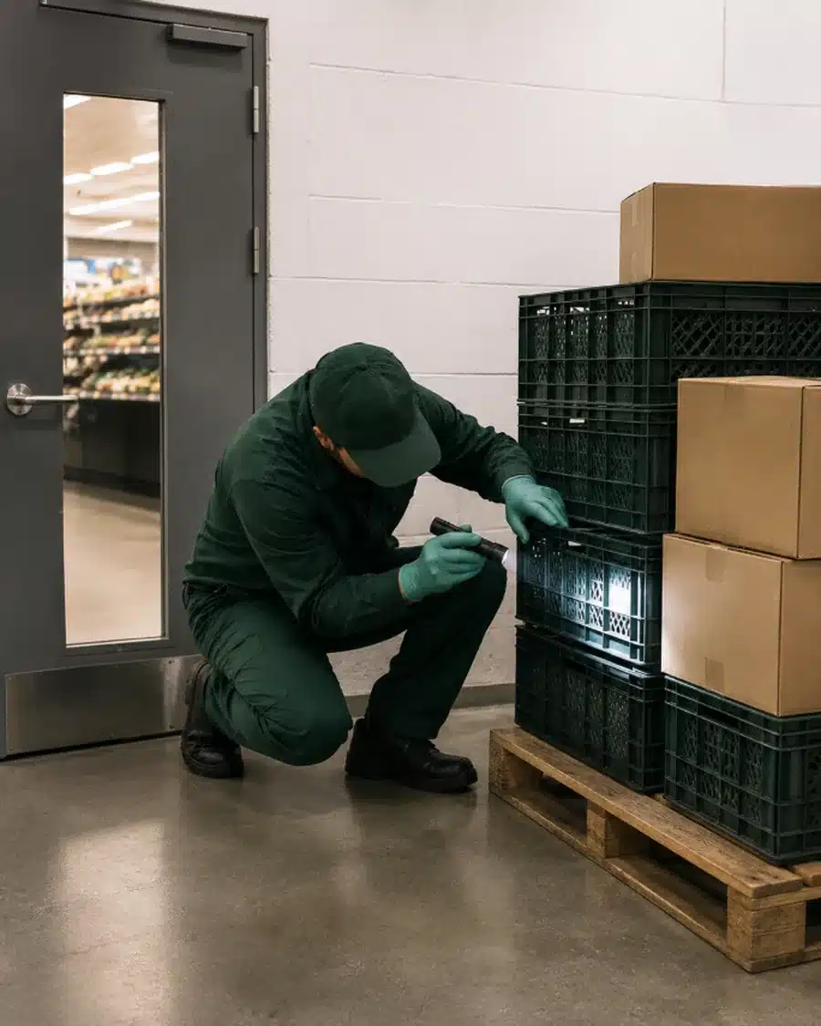 Tecnico Ekonore ispeziona con la torcia le casse della zona resi nel retrobottega di un supermercato