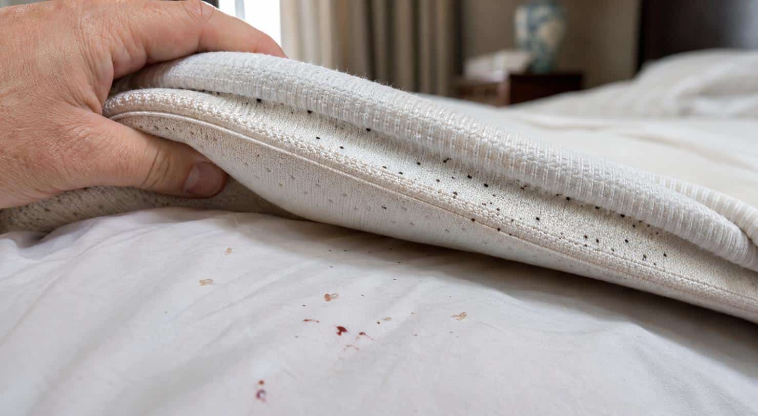 Mano che solleva il bordo del materasso: puntini neri lungo la cucitura e macchie di sangue sul lenzuolo