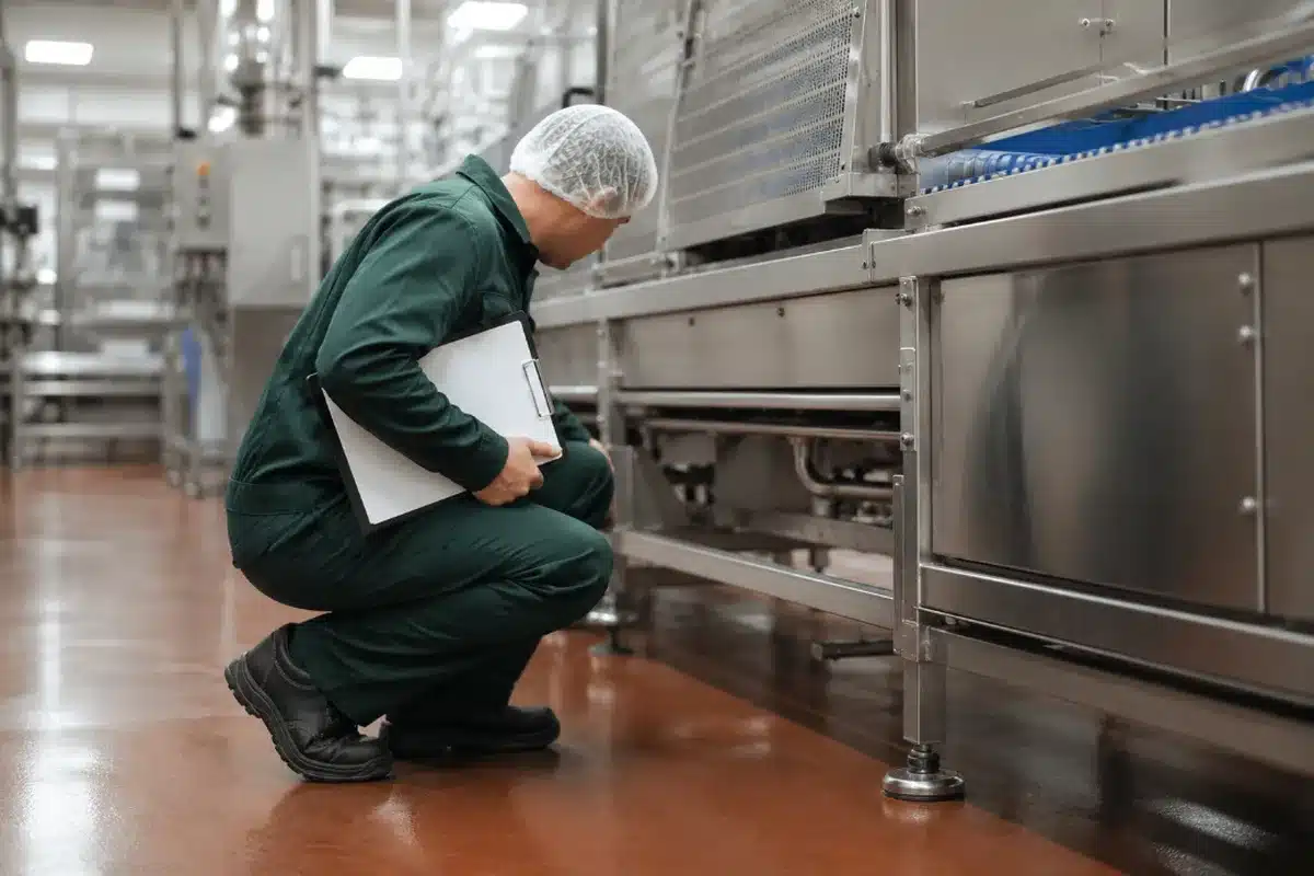 Tecnico Ekonore effettua la valutazione tecnica lungo una linea di produzione alimentare in acciaio inox