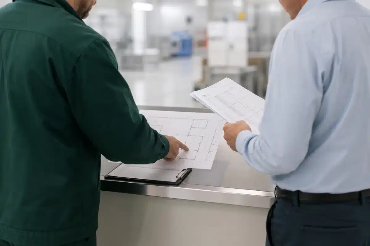 Tecnico Ekonore e titolare esaminano planimetria e registro durante la valutazione tecnica del sistema di monitoraggio roditori