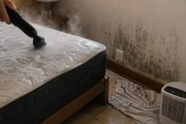 Muffa sul muro accanto al materasso trattato a vapore
