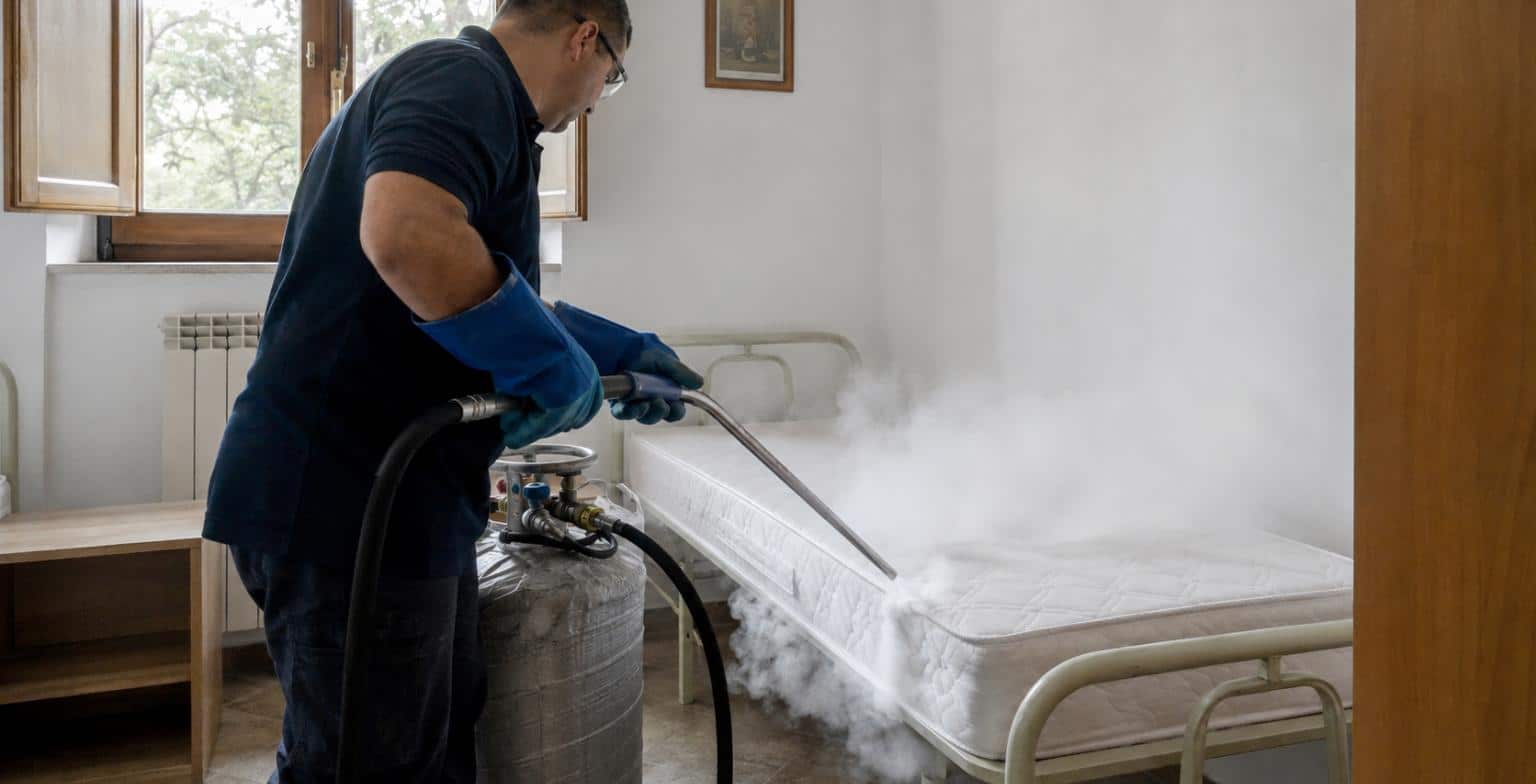 Erogazione di azoto liquido a -196 gradi sul materasso e sul telaio del letto