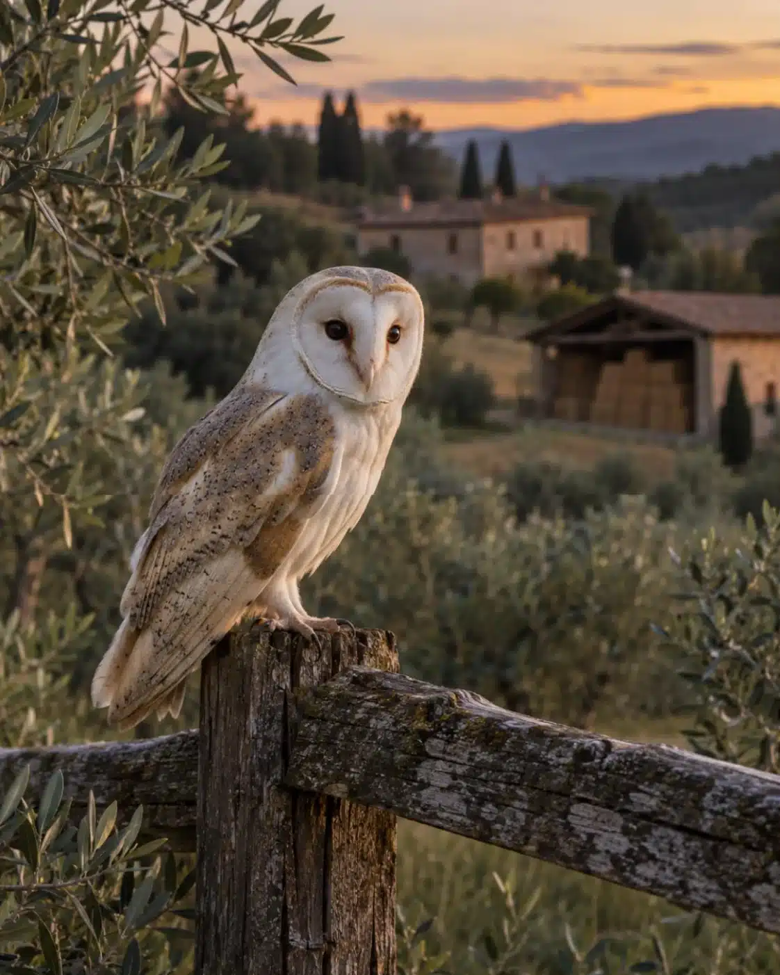 Barbagianni posato su una staccionata ai margini di un uliveto al tramonto, predatore naturale dei roditori